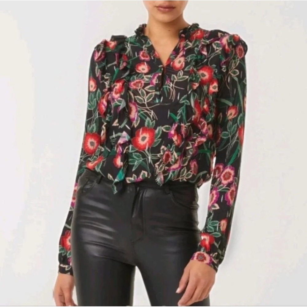 Anthro Misa Los Angeles Hibiscus Floral Ruffle Blouse with Metallic Threading - Picture 15 of 16